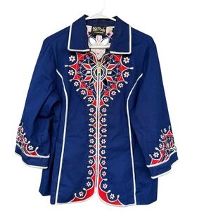 Bob Mackie Jacket Womens Medium Blue Red Embroidered Zip Front Wearable Art